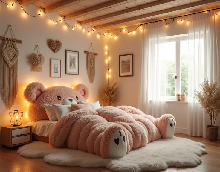 "Design a cozy, whimsical bedroom featuring a giant teddy bear-shaped bed that serves as the centerpiece. The bed is soft and plush, with glowing fairy lights surrounding it, placed on a fluffy white rug. The walls are decorated with minimalist and artisti...