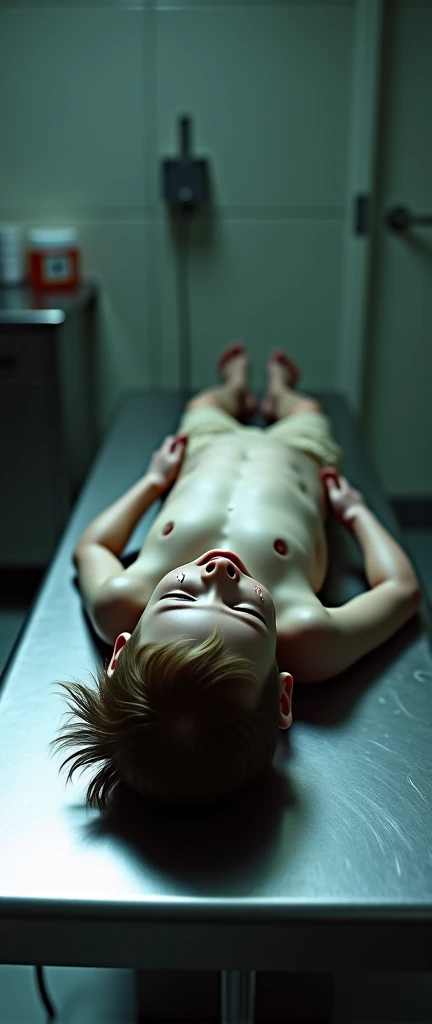 Dead bare  boy wet lying on stainless steel table with tears in autopsy