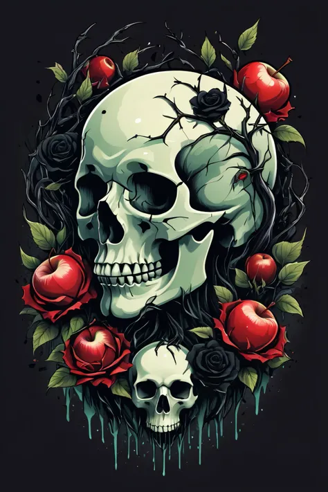 A decayed bitten apple with thorny black vines and blooming black roses growing out of it. The thorns subtly form the shape of a human skull in the background. Gothic surrealism, high contrast with dark reds and deep greens, illuminated with soft moonlight...
