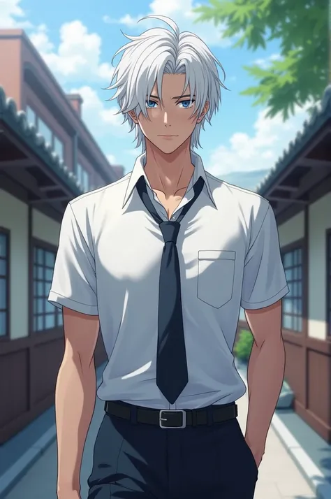 Handsome guy, Anime, White hair, Middle part, Japanese school uniform, Perfect masculine features.