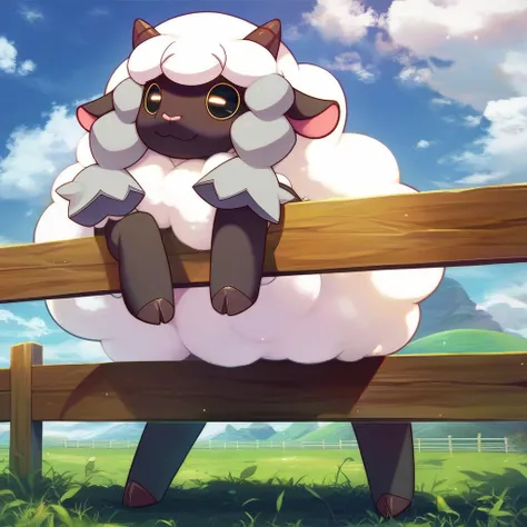  score_9,  score_8_ up,  score_8,  furry , wooloo, sheep,  Pokemon  (Living things), Black small horn, sheepの目( black sclera、Yokobo no Hitomi)、 pattern、A body like a cloud(モコモコのsheep毛),  soft body (Very small feet),  anime style, 2D, Alone, Wild, hoof,  is...