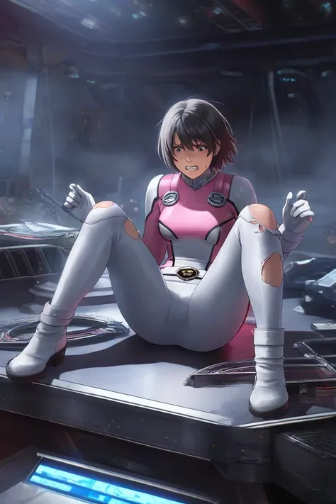  1girl , SentaiPink, pink and white bodysuit, tight pants, white gloves and boots, (torn clothes:1.1), dark gray hair, slant eyes, short hair, small breasts, break, sitting, (knees bent:1.2), spread legs, clinched fists, thin thighs, full body, girl in the...