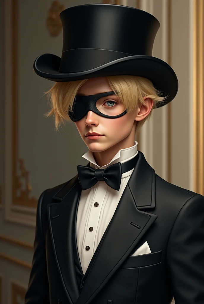 A blonde, blue-eyed boy、Wearing a tuxedo、Wear a top hat、He has an eyepatch on one eye.。