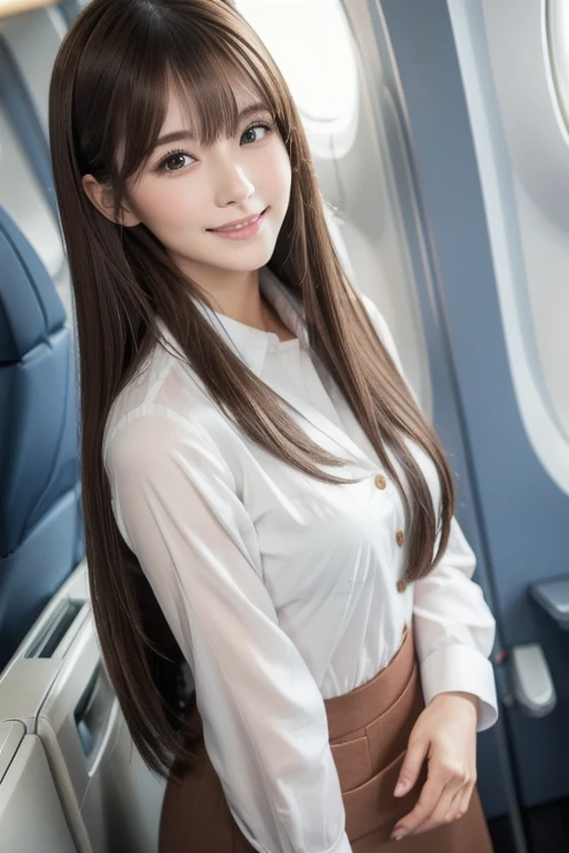 High resolution, Long Hair, bangs, Brown Hair、  woman、chest, Model from Tokyo、Height: 168cm、　Beautiful Face、
Droopy eyes,  Beautiful CA.、Flight Attendant、 whole body、Smile, 