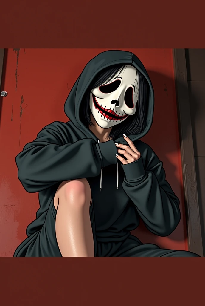 arafed woman in a black hoodie and a white mask, bladee from drain gang, ahegao, creepy pose, the mask covers her entire face, scary pose, billie eilish as a nun, with no face, sinister pose, ghostface, ahegao face, creepy themed, no face, with kitsune mas...