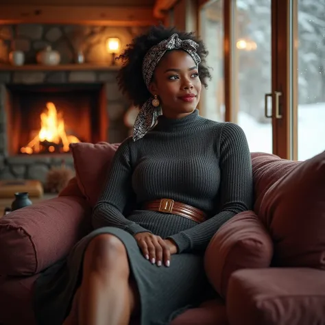 A Black curvaceous woman lounges in a cozy chalet, wearing a fitted charcoal-gray knit midi dress with a mock neck and a thigh-high slit. The ribbed fabric clings to her curves, and shearling-lined ankle boots keep the look warm. A chunky gold belt cinches...