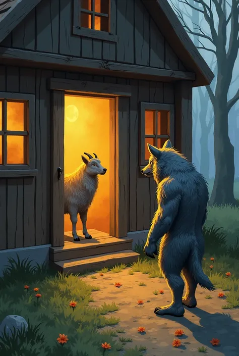 be an illustrator for a ren's fairy tale wolf and seven s. There is a wooden village house, doors and windows are closed. A goat looks through the glass through the window. An evil gray wolf stands at the front door and knocks on the door.