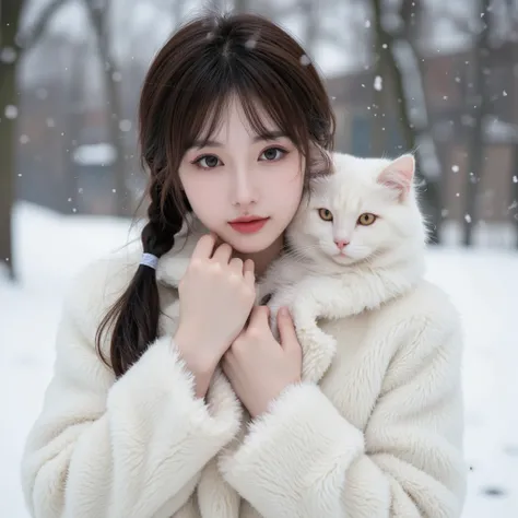   best quality 、  Details、4K、winter、Snowfall、 White fur coat、 young woman、Three-haired cat、 ( short hair:1.4)、Oblique bangs、