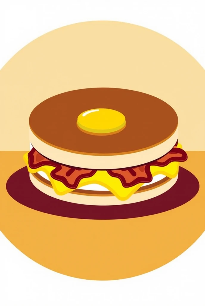 Make a logo of pancake sandwich filled with bbq bacon cheese and egg, in circle style with a background of light brown yellow maroon