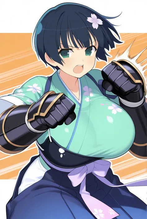 yozakura \(senran kagura\),big breasts,blue hakama,blue muneate,gigantic gauntlets,punching,