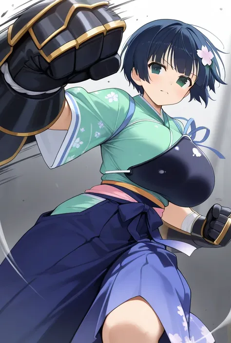 yozakura \(senran kagura\),big breasts,blue hakama,blue muneate,gigantic gauntlets,punching,