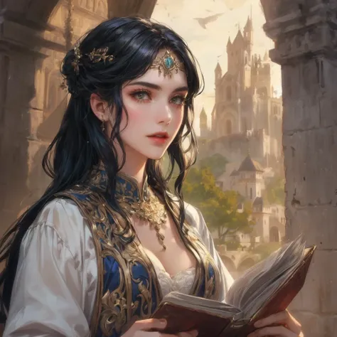 a close up of a woman holding a book in a castle,