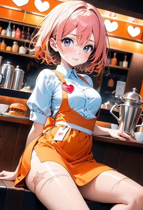  ((M-Leg))、(((((Anna Miller)),      waitress uniform, orange high-waist skirt,     suspender skirt with a heart shaped name tag,      apron,      restaurant     ))),, ((Shiny Costumes)), ((skindentation)), skinny,     alone,      Female 1 person   , master...