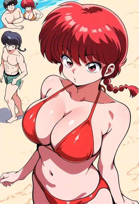 Ranma Saotome, braid, red hair, single braid, braided ponytail, red eyes,
 bikini、Big Breasts、Seaside　Beach　 middle-aged man