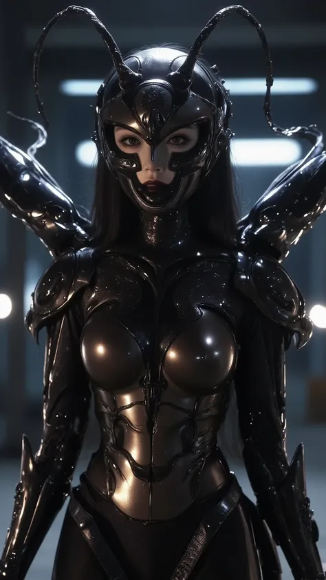 Cinematic portrait of the Japanese actress playing a biomechanical ant hybrid tokusatsu villain. A sleek black exoskeleton bodysuit in a dark brown metallic hue. Segmented armor plates accentuate her feminine silhouette. The helmet design incorporates shar...