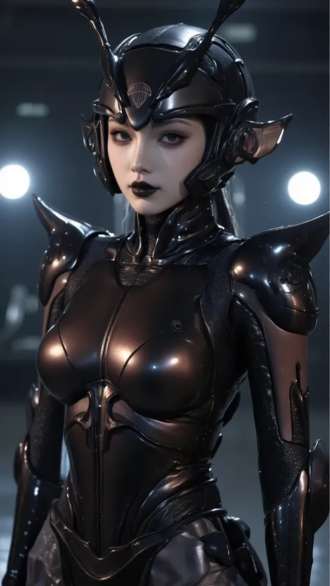 Cinematic portrait of the Japanese actress playing a biomechanical ant hybrid tokusatsu villain. A sleek black exoskeleton bodysuit in a dark brown metallic hue. Segmented armor plates accentuate her feminine silhouette. The helmet design incorporates shar...