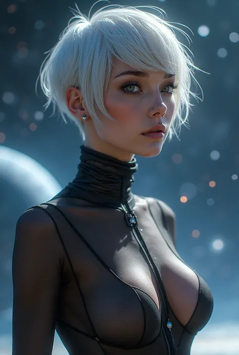 Let the space traveler be a woman with short hair and the hair color platinum, and also make the outfit very sexy in a transparent way