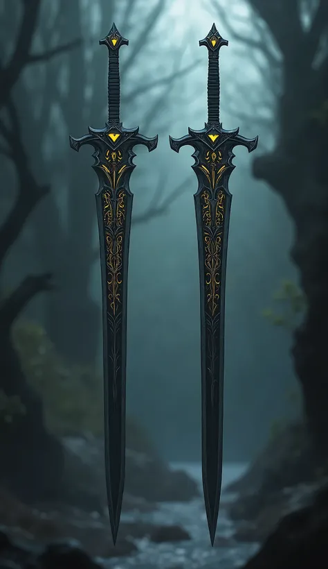 Create a high-resolution, highly detailed image of two twin swords, Stormbringer and Mournblade, floating in a dark, atmospheric setting. The swords should be long and black, with their blades intricately covered in dark, glowing runes that suggest a sense...