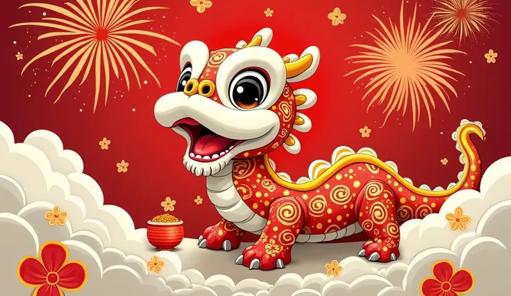  red background,Cartoon， Vibrant pop art t-shirt design ，There's a snake in the middle ，  decorative pattern  . Add a traditional red Chinese lantern , White clouds pattern colorful fireworks bloom , A detailed lion dance image in the background .  to perf...