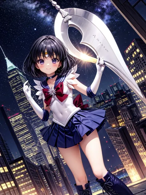 one girl, Hotaru Tomoe, Sailor Saturn, cute face, thin and tall, smile, sailor senshi uniform, purple sailor collar, tiara, magical girl, purple pleated skirt, white elbow gloves, jewelry, brooches, choker, purple long thigh lace-up boots, black short hair...