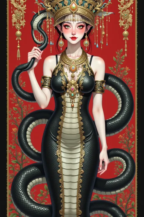  A painting of a woman in a black dress and gold headdress, Super fine paintings by Zoltan Boros  ,  Artstation Contest Winner , Fantasy Art, dark Snake Queen ,  Beautiful Female Golgi , Snake Queen , goddess. Extremely detailed,  Snake Girl mixed race , g...