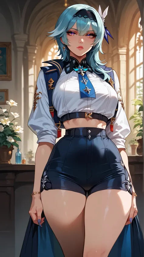 Eula style,  perfect eyes,  perfectly sexy face, ultra detailed,  ultra perfect eyes,  big beautiful woman , standing, dark blue shorts, Body,  looking at the spectator,