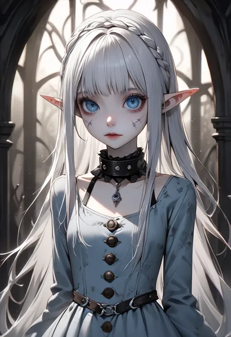 High Definition, masterpiece, Accurate, top quality, High Definition model, high detail, (((The textures are soft))), ((matte and toy-like with a handmade premium look)), (((Tim Burton style))), Dark, silver hair, Alice in Wonderland, solo, female, elf, po...