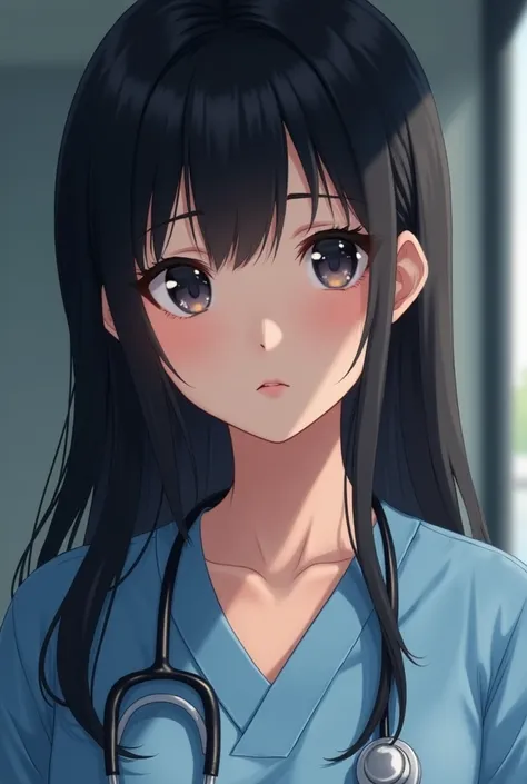 Close up of an Anime girl. She has long soft black hair. A soft features. She’s wearing psychical therapist scrubs. 