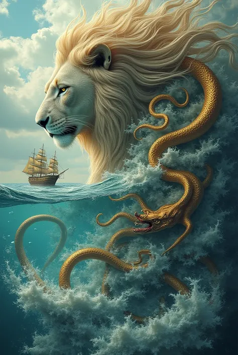 Generate an image of surrealism the whole body of a beautiful woman with long hair accompanied by a giant white lion ,  octopus and waves of sea water and ancient ships and waves merge in the woman's body and a floating island contained within her body for...