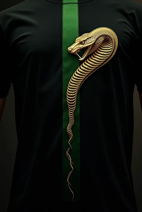 Black t shirt with emarald green thuck line vertical line in the centre with a gold cobra outline coming from the back of the t shirt to the front right hand corner where the cobra head is near the chest