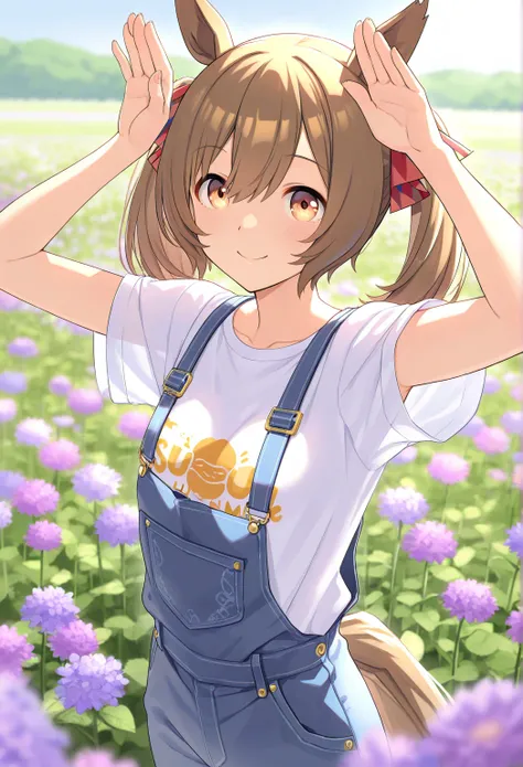 very awa, masterpiece, best quality, newest,  highres, absurdres、 smart falcon 、 smart falcon 　Uma Musume、 1 、 very small breasts、white shirt and overalls、smile、 rabbit pose 、Flower Field、The sun shines in