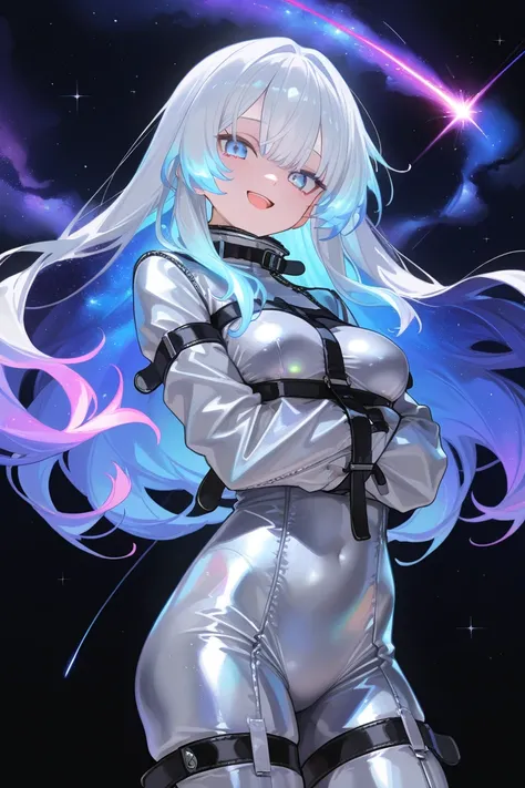 (Best quality, 4k, 8k, high resolution, masterpiece:1.2), 1girl,Smile lightly、Open mouth、(lolita fashion),(glowing line with metal silver suit),beautiful,cowboy shot, (straitjacket ),(glowing hair:.1.5),deep blue hair,long hair,slim body、tsurime,blueeyes, ...