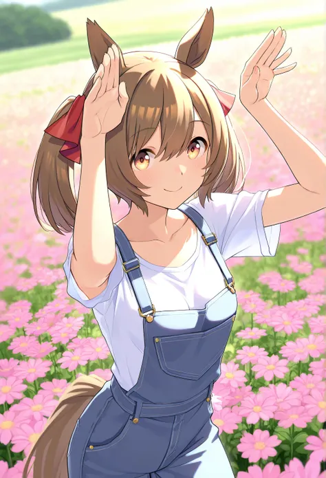 very awa, masterpiece, best quality, newest,  highres, absurdres、 smart falcon 、 smart falcon 　Uma Musume、 1 、 very small breasts、white shirt and overalls、smile、 rabbit pose 、Flower Field、The sun shines in