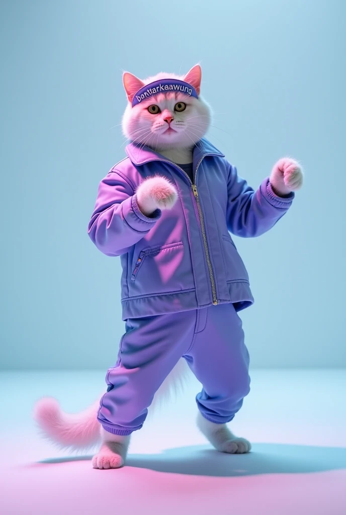 A cool and cute male cat is dressed as a kpop dancer and standing on the floor styling。  The hat says BANTARKAWUNG。
The coat color is a yellow of periwinkle and white.。