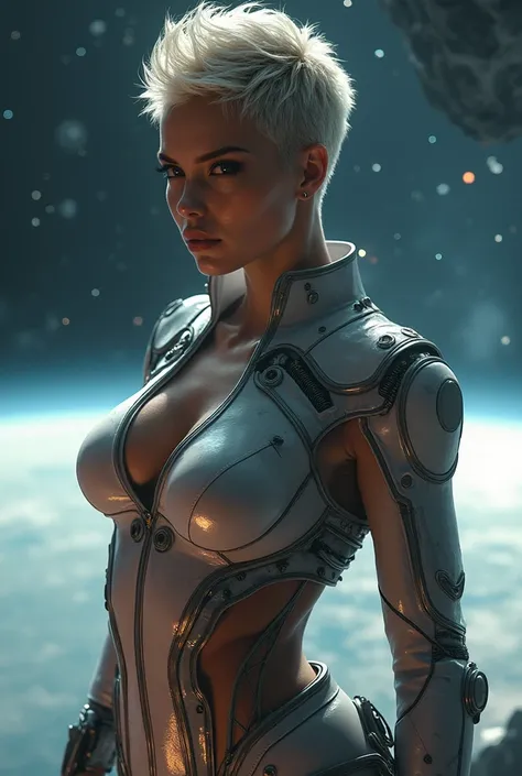 space traveler is a woman, Make the hair color platinum and make the outfit much sexier in a transparent way, arouse excitement,let the hair be very short, be as short as a soldier's hair