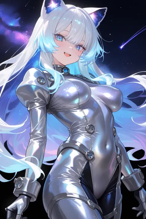 (Best quality, 4k, 8k, high resolution, masterpiece:1.2), 1girl,Smile lightly、Open mouth、(lolita fashion),(glowing line with metal silver suit),beautiful,cowboy shot, (cat girl ),(glowing hair:.1.5),deep blue hair,long hair,slim body、tsurime,blueeyes, medi...