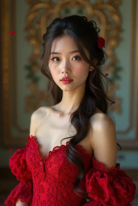 Beautiful girl wearing red roses dress 