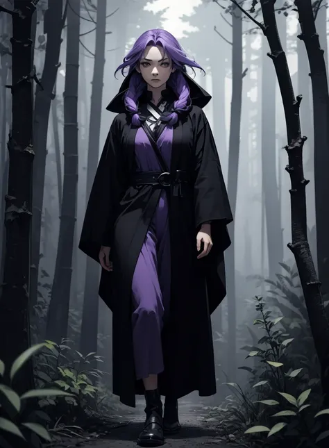 Woman with long purple hair ,  wearing a long dark robe covering his body and part of his face. He walks through a dark forest  