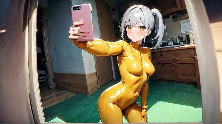  8K Ultra High Precision( 1 girl),(最 high definition, 8k, masterpiece:1.3),  clear contours high definition(24 years old:1.5), ( gray hair ), (Up ponytail),, ((全身 rubber suit、 colorful、blue、Yellow line from crotch、no zipper 、 rubber suit、Gloss、Inside the h...