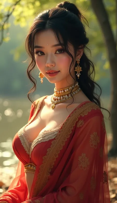 Beautiful hot and sexy anime Korean girl , with thick thighs and a curvy waist,  wearing a  beautiful Indian dress, ((low waist)), (tied wet hair)), (( beautiful Indian dress)) , bindi on forehead, highly detailed, depth of field, cinematic lighting, intri...