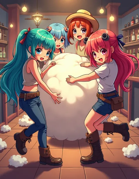 An anime-style illustration depicting many cowgirls playfully wrestling with each other inside a bar comical fight cloud.
each cowgirl has different colored hair.
their faces,hands,and feet are visible emerging from the cloud as they tussle humorously,  wi...