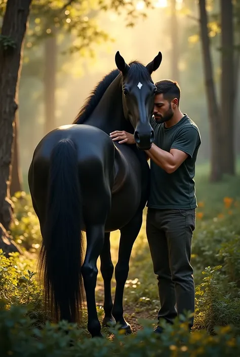 Human caught him horse  colour black mother is protected his sun in forest 