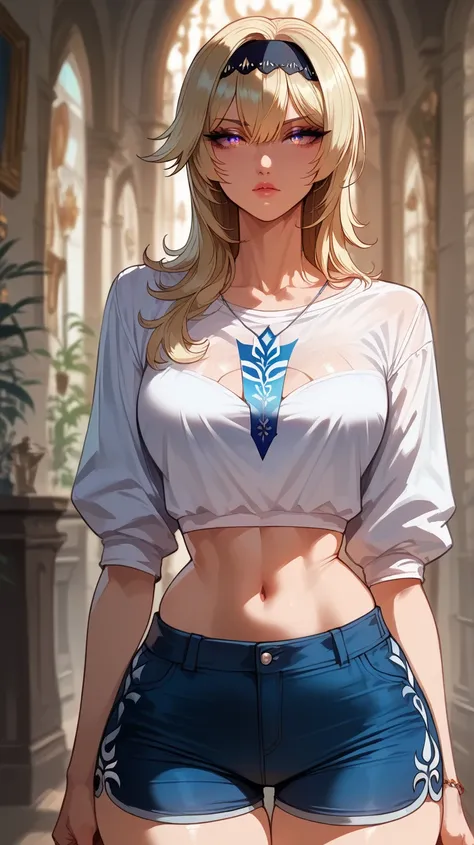 Eula style,  perfect eyes,  perfectly sexy face, ultra detailed,  ultra perfect eyes,  big beautiful woman , standing, dark blue shorts, Body,  looking at the spectator,