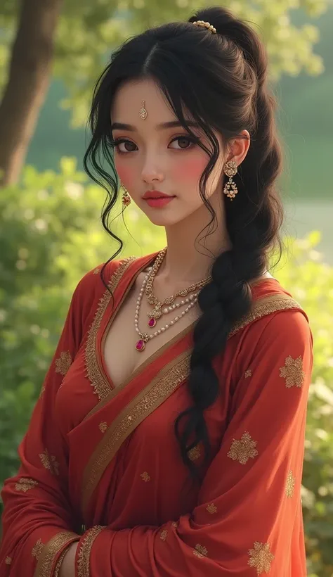 Real Beautiful hot and sweet sexy anime Japanese girl , with thick thighs and a curvy waist,  wearing a  beautiful Indian dress, ((low waist)), (tied wet hair)), (( beautiful Indian dress)) , bindi on forehead, highly detailed, depth of field, cinematic li...