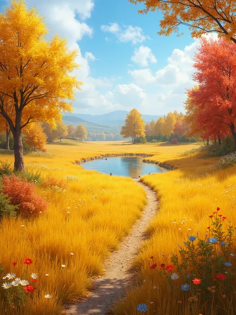 realistic photo of a yellow meadows from a fairy tail; autumn; day time; sunny; yellow grass; yellow and red leaves at trees and bushes; a small pond in the distance; there are few small stones at the shores of he pond; clear blue sky; warm autumn weather;...