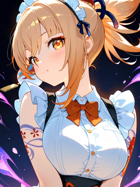 1girl,yoimiya\(genshin impact\),orange eyes,big breasts,blonde hair, tattoo, bangs,traditional maid collared shirt:1.3,maid headdress,
,BREAK close-up,portrait,glowing eyes,energy hands,dark aura,blush,:t,pout,facing to the side,v arms,head tilt,dynamic an...