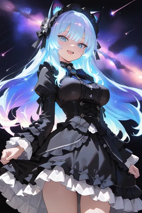 (Best quality, 4k, 8k, high resolution, masterpiece:1.2), 1girl,Smile lightly、Open mouth、(gothic lolita),(),beautiful,cowboy shot, (cat girl ),(glowing hair:.1.5),deep blue hair,long hair,slim body、tsurime,blueeyes, medium breasts ,(Saggy breasts),meteor,G...