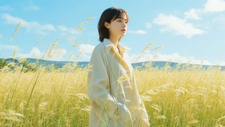 "A realistic illustration of a young Japanese woman in stylish modern clothing, standing in a serene countryside field. She looks reflective and inspired as the gentle wind moves through the tall grass around her, symbolizing small dreams swaying in the br...