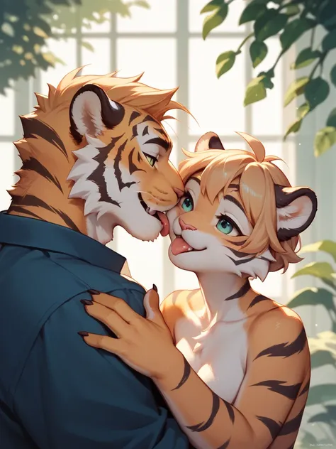 furry petit tiger couple , sweetie , First Love , lick cheek , tongue