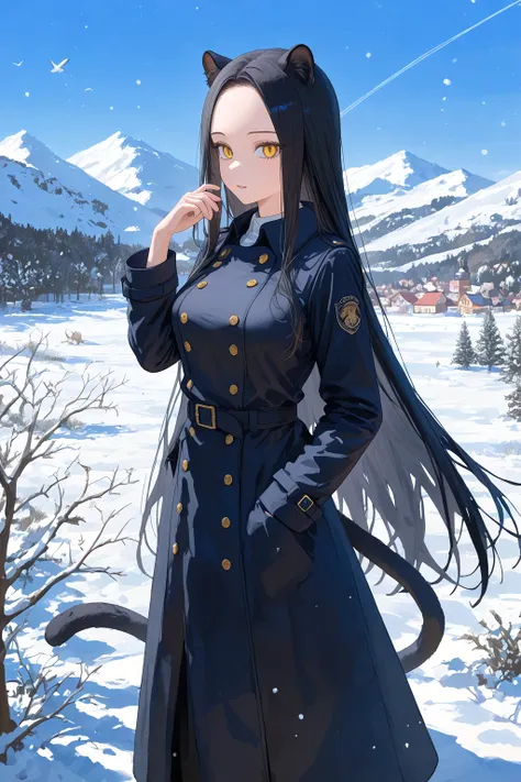  1 girl,  black panther girl ,  golden eyes, ((Forehead)),  black hair ,  very long hair , straight hair, pony tail,  medium breasts, curvaceous, Cool,  beautiful,  black panther ears , Tierohren, tail,  long sleeves,  black coat ,   alone in a snowy town,...